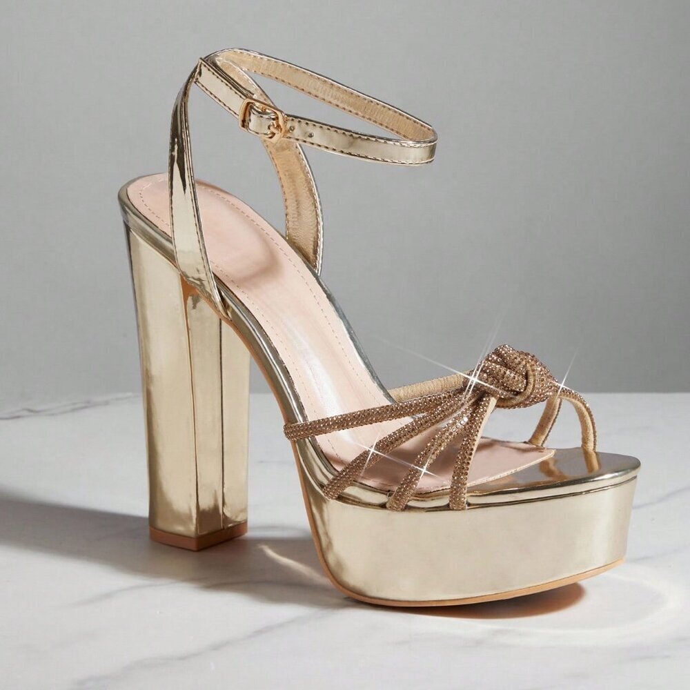 Gold Glamorous Women's Platform Sandals with Rhinestoned Bowknots